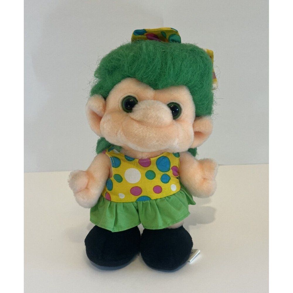 Trolio Troll Plush Doll Polka Dot Dress Bright Green Hair 8” Vintage 1992